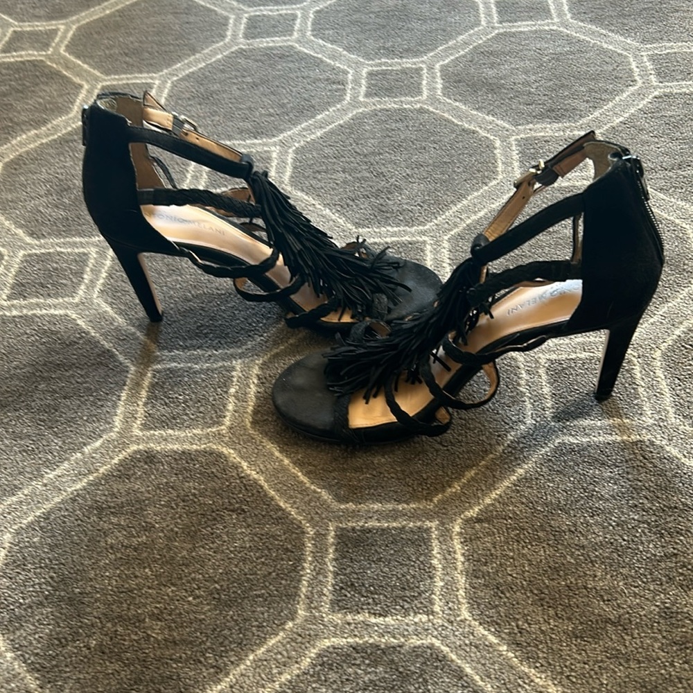 Antonio Melani strappy suede sandal with fringe detailing.  Back zipper